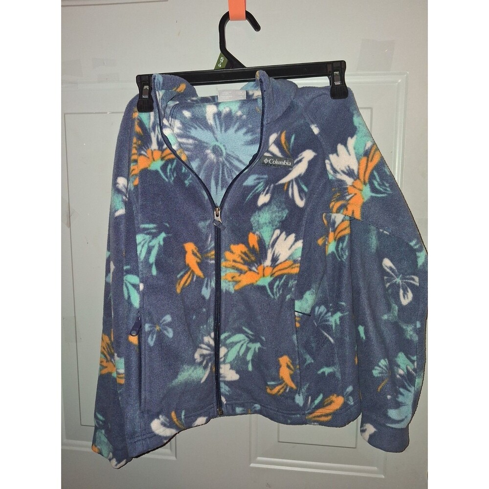 Columbia Girls Fleece Jacket Multicolor Floral Bird Print Full Zip Size M